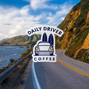 Daily Driver Coffee Surf Sticker with vintage car and surfboards